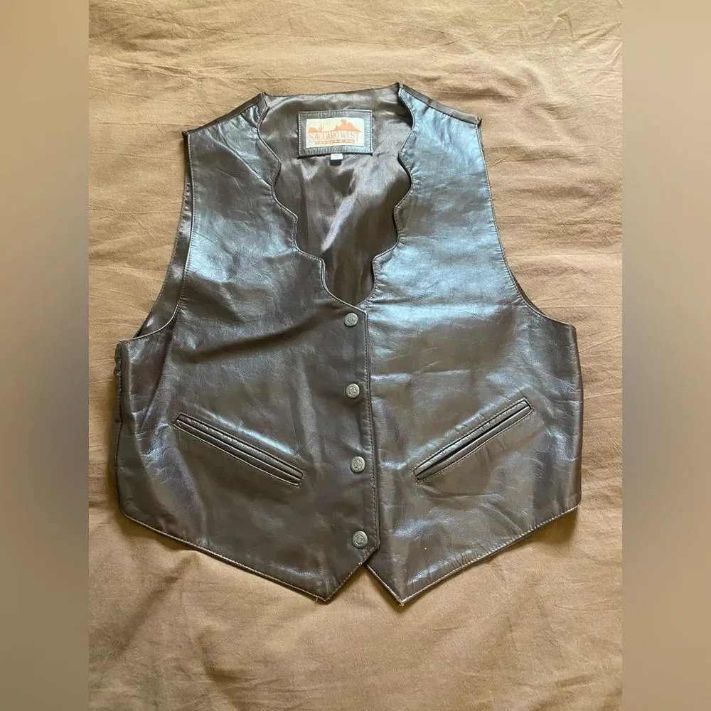 Vintage Saguaro West Brown Leather Vest Medium Western Cowboy Biker Cowboycore
